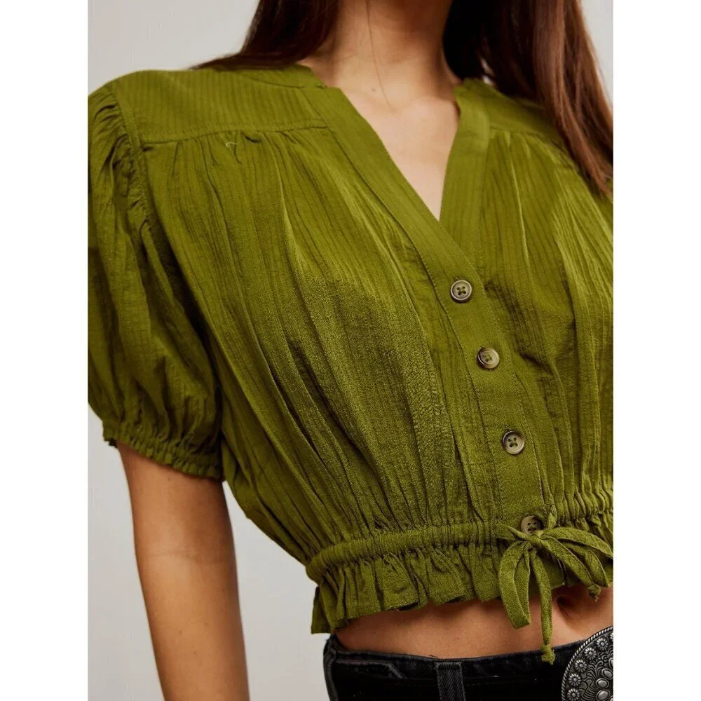Free People Olive Green Cropped Blouse Top NEW
